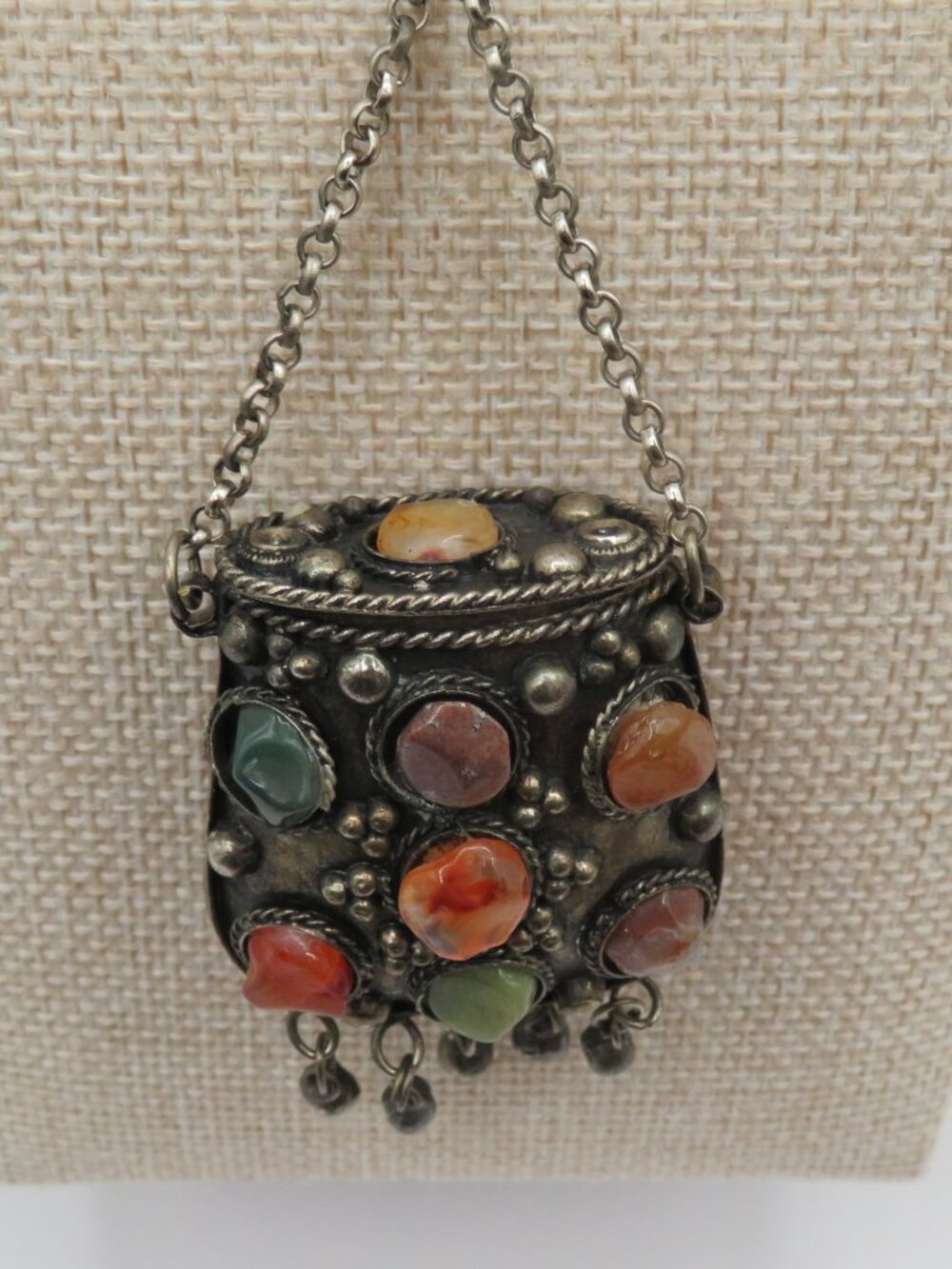 Vintage Tribal Afghan Kuchi Metal Agate Stone Pouch Bag Chain Necklace